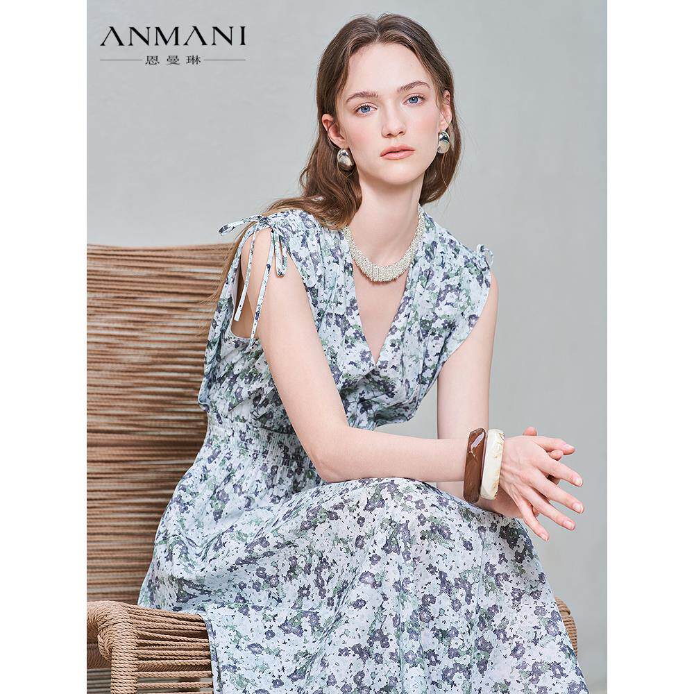 ANNMEL恩曼琳25夏新款度假风V领无袖棉布印花收腰连衣裙EANFBA20