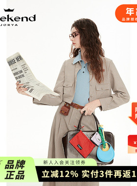 卓雅周末25春新款小翻领单排扣口袋英伦风正肩格纹短外套R200630C