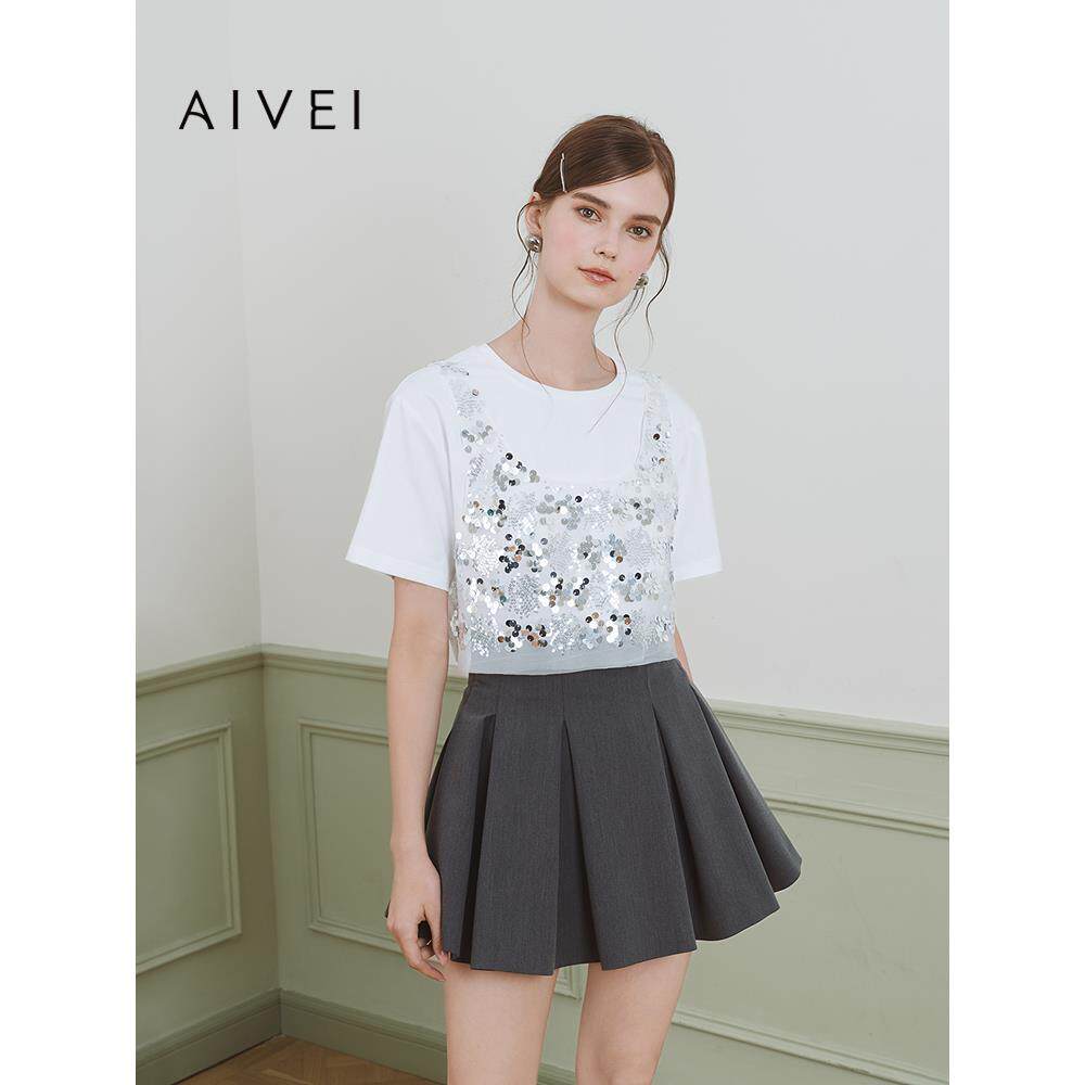 AIVEI欣贺艾薇2025夏季休闲风亮片吊带白色短袖T恤两件套S726203B