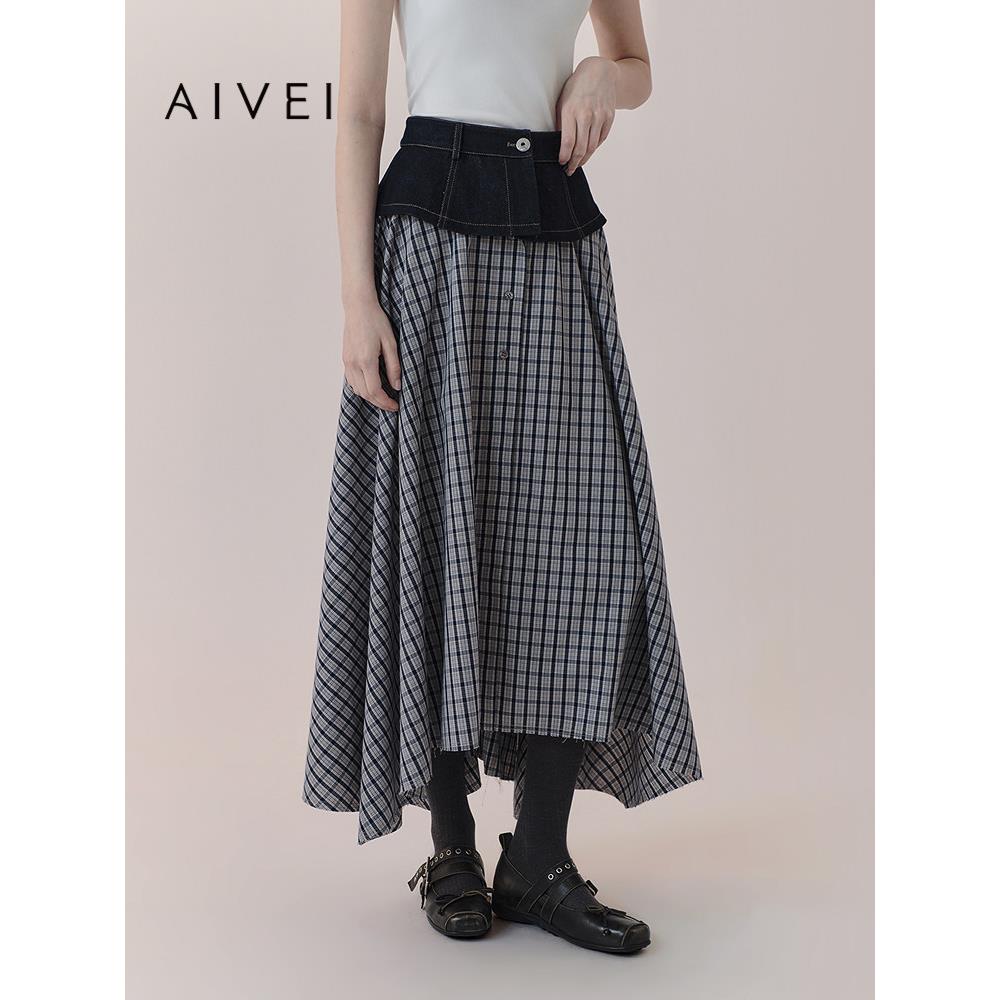 AIVEI欣贺艾薇2026春季新chic不规则半身裙复古格子伞裙XSV1Q05C