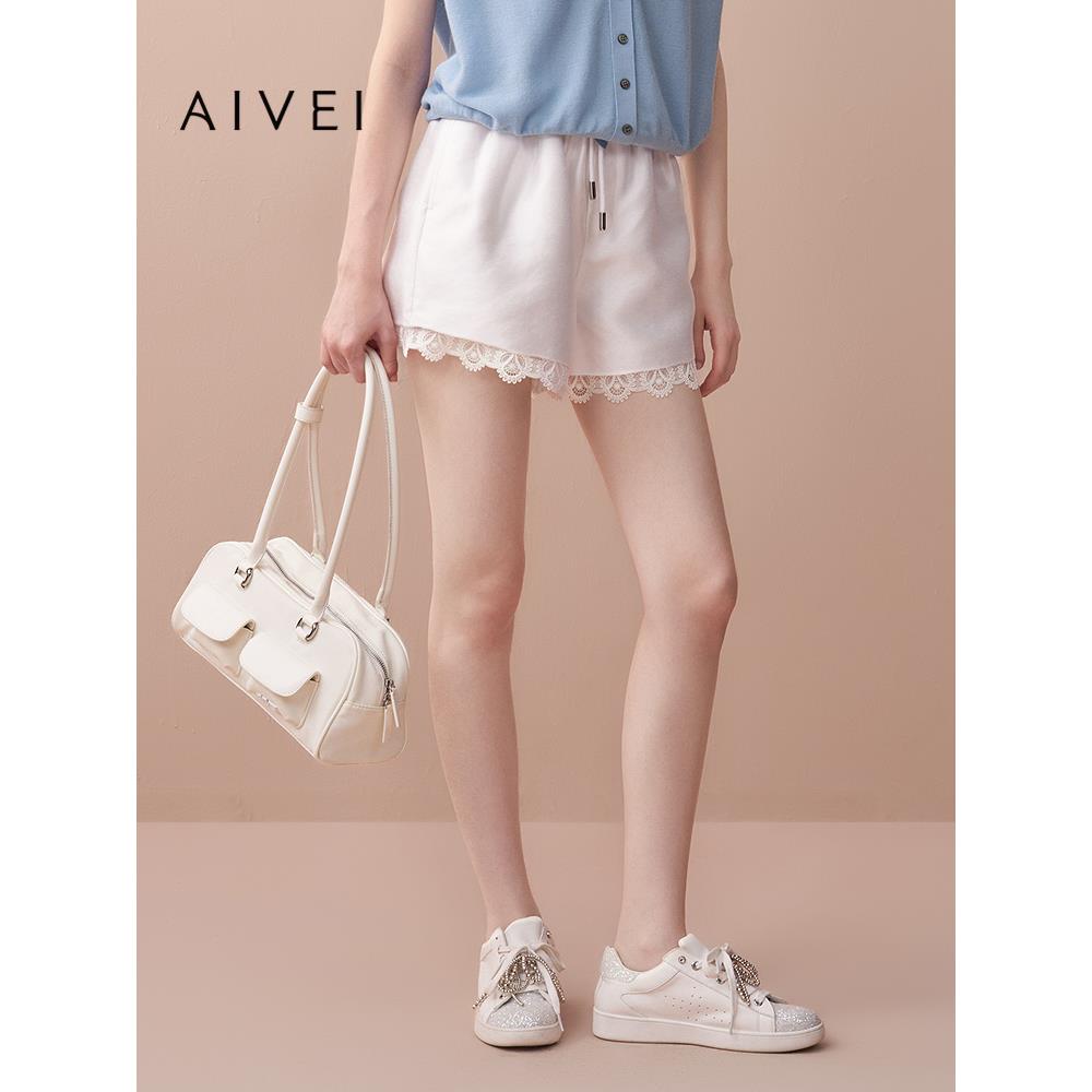 AIVEI欣贺艾薇2025夏季新清新甜美蕾丝边松紧腰阔腿短裤C711201B