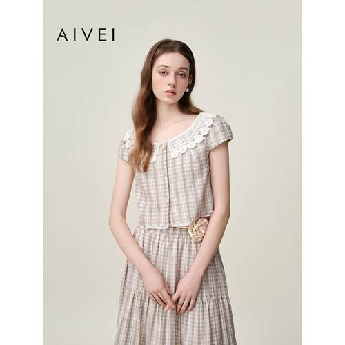 AIVEI欣贺艾薇2026夏季新田园海岛度假风格纹短袖衬衫XSV3S33B
