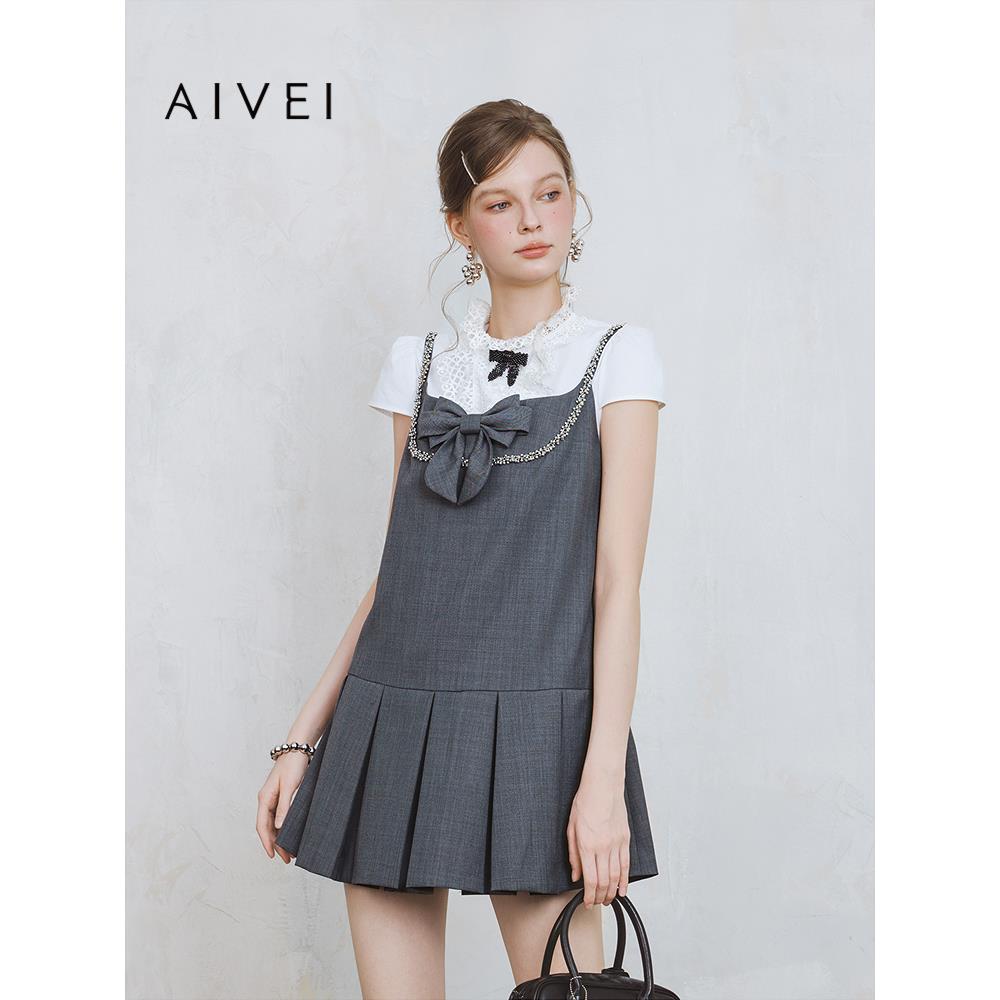 【格雷千金】AIVEI欣贺艾薇2025夏季学院JK风钉珠百褶吊带连衣裙