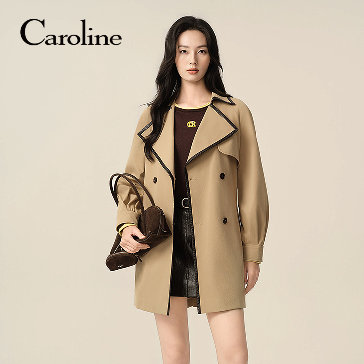 Caroline/卡洛琳2026冬季新款英伦风撞色包边中长款风衣ESC7W04A