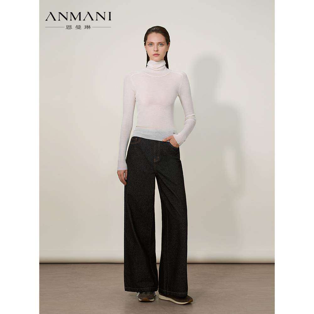 ANNMEL恩曼琳25冬季新款摩登时尚中腰微弹原色阔腿牛仔裤ERA7K03B