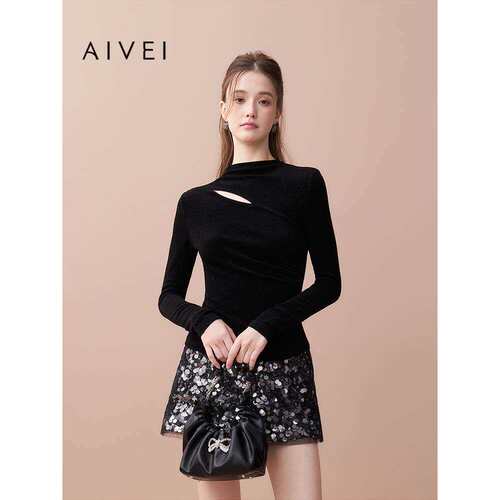 AIVEI欣贺艾薇2025秋季新不对称镂空烫钻T恤辣妹修身上衣XRV5506B