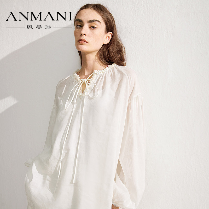 ANMANI恩曼琳26春季新款珠片领口纯色系带上衣雪纺衫衬衫ESA1S17C