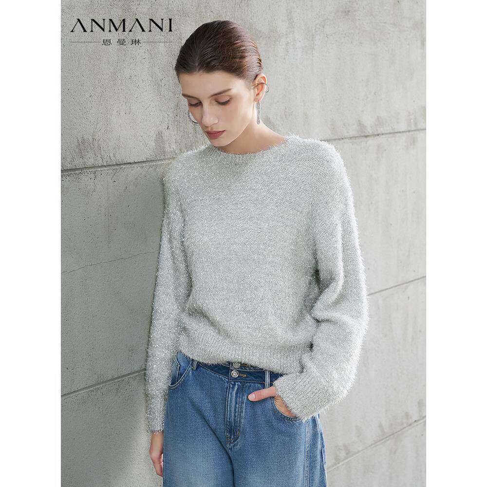 ANNMEL恩曼琳25秋季新款简约金银线羽毛纱上衣毛针织衫ERA4M13B