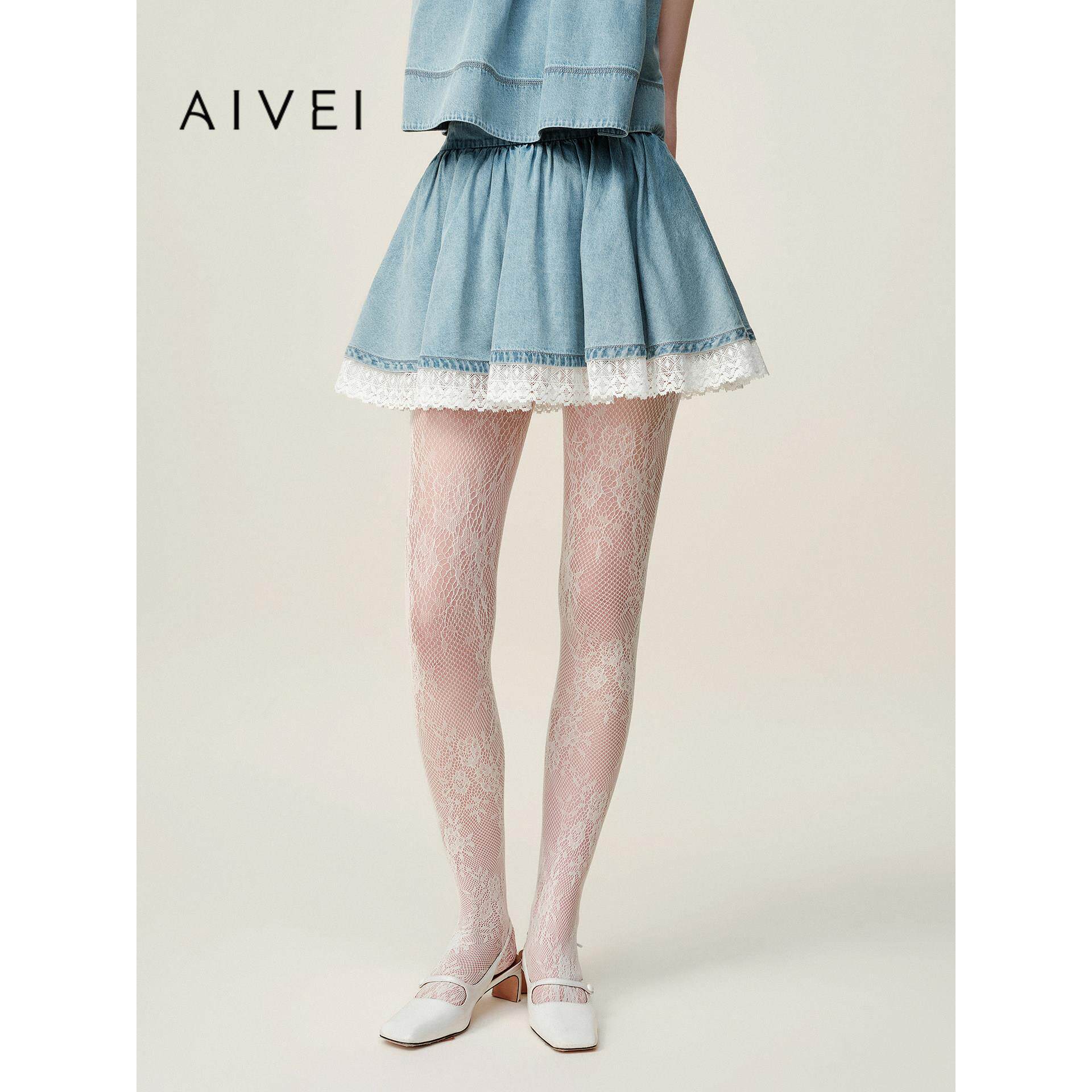 AIVEI欣贺艾薇2026夏季新chic小个子蕾丝拼接牛仔短裙XSV3Q19B