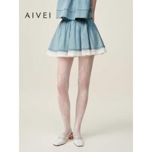 AIVEI欣贺艾薇2026夏季新chic小个子蕾丝拼接牛仔短裙XSV3Q19B
