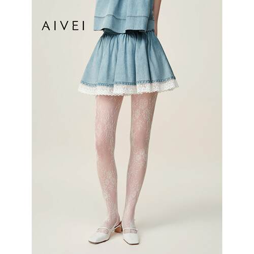 AIVEI欣贺艾薇2026夏季新chic小个子蕾丝拼接牛仔短裙XSV3Q19B