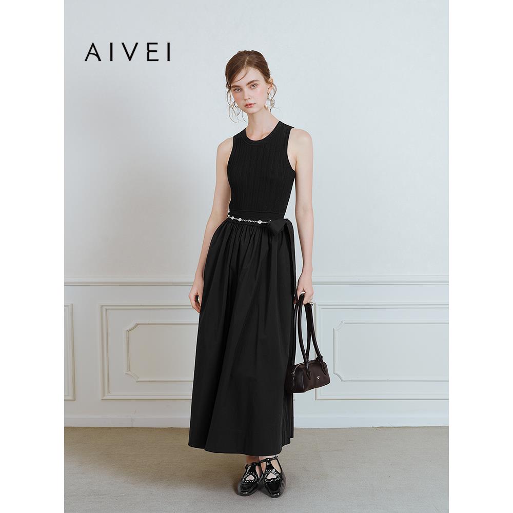 AIVEI欣贺艾薇2025夏季新温柔气质静奢风针织拼接长裙S721801A
