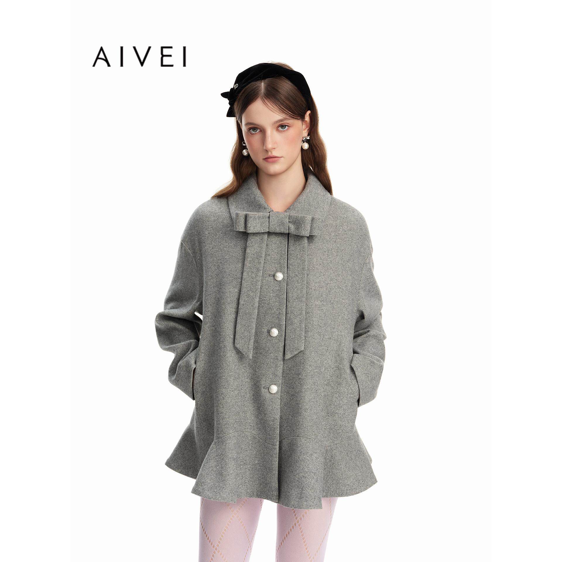 AIVEI欣贺艾薇2026冬季森女甜美学院荷叶边灰色大衣外套XSV7D18B