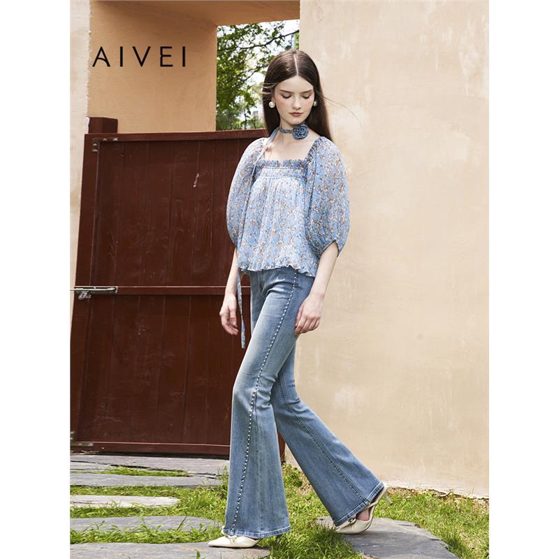 AIVEI欣贺艾薇夏季新清新浪漫减龄气质碎花方领雪纺衫R0360197