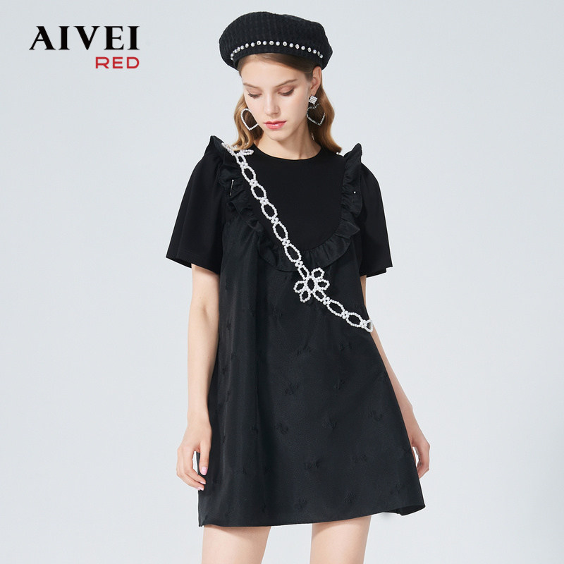 AIVEI欣贺艾薇2022秋珍珠肩带T恤拼接荷叶边雪纺连衣裙P0160015