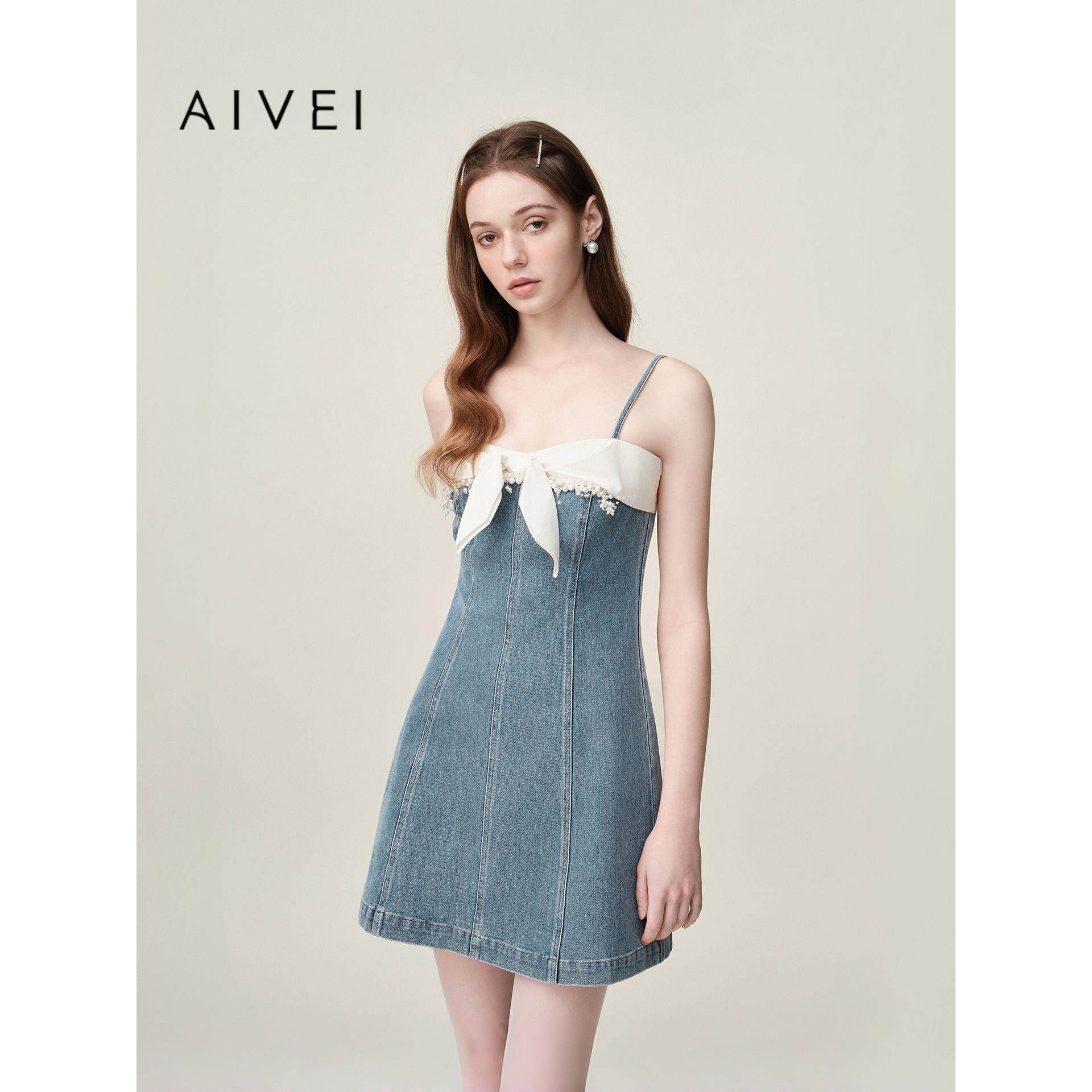 AIVEI欣贺艾薇2026夏季千金蝴蝶结A字牛仔细吊带连衣裙XSV3L13A
