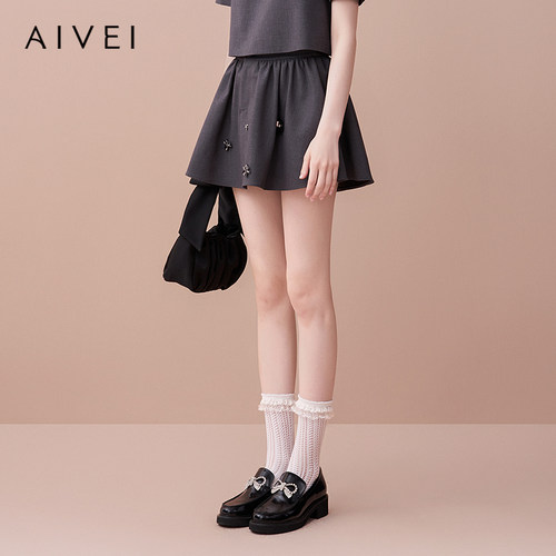 AIVEI欣贺艾薇2025早秋新清新减龄小个子高腰钉珠伞裙XRV4Q07A