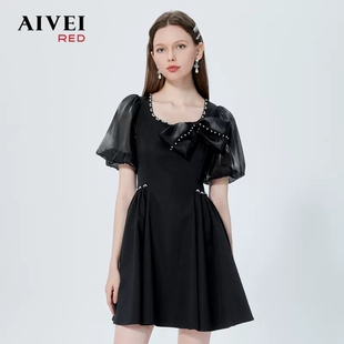 AIVEI欣贺艾薇夏季新缝钻方领蝴蝶结高腰抽褶连衣裙P0360050