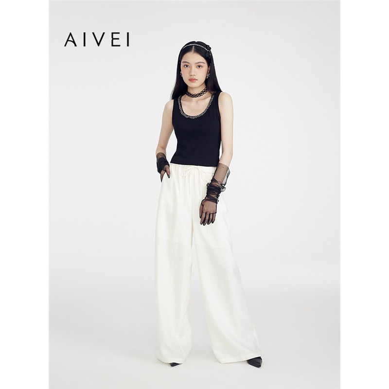 AIVEI欣贺艾薇2025夏季新弹力收腰宽松休闲百搭阔腿长裤S724503B