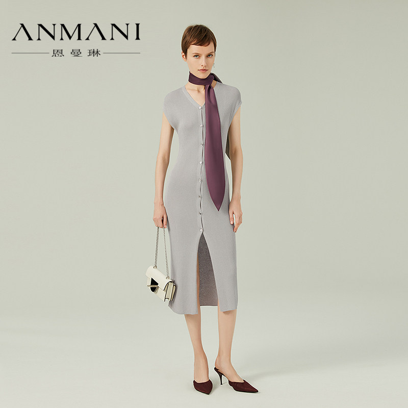 商场同款-ANMANI恩曼琳24春季新品单排扣修身针织连衣裙Q329053B