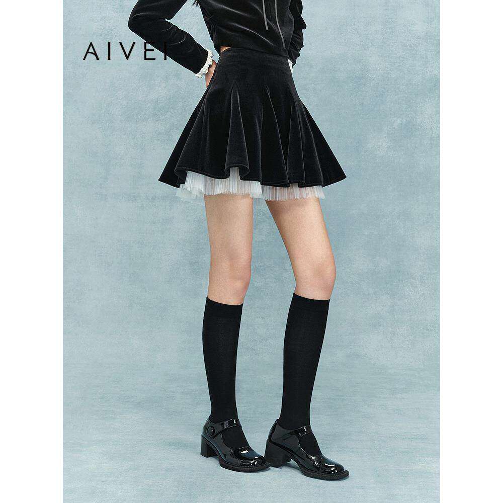 AIVEI欣贺艾薇2025冬季新甜美气质感网纱拼接丝绒半身裙XRV7Q05A
