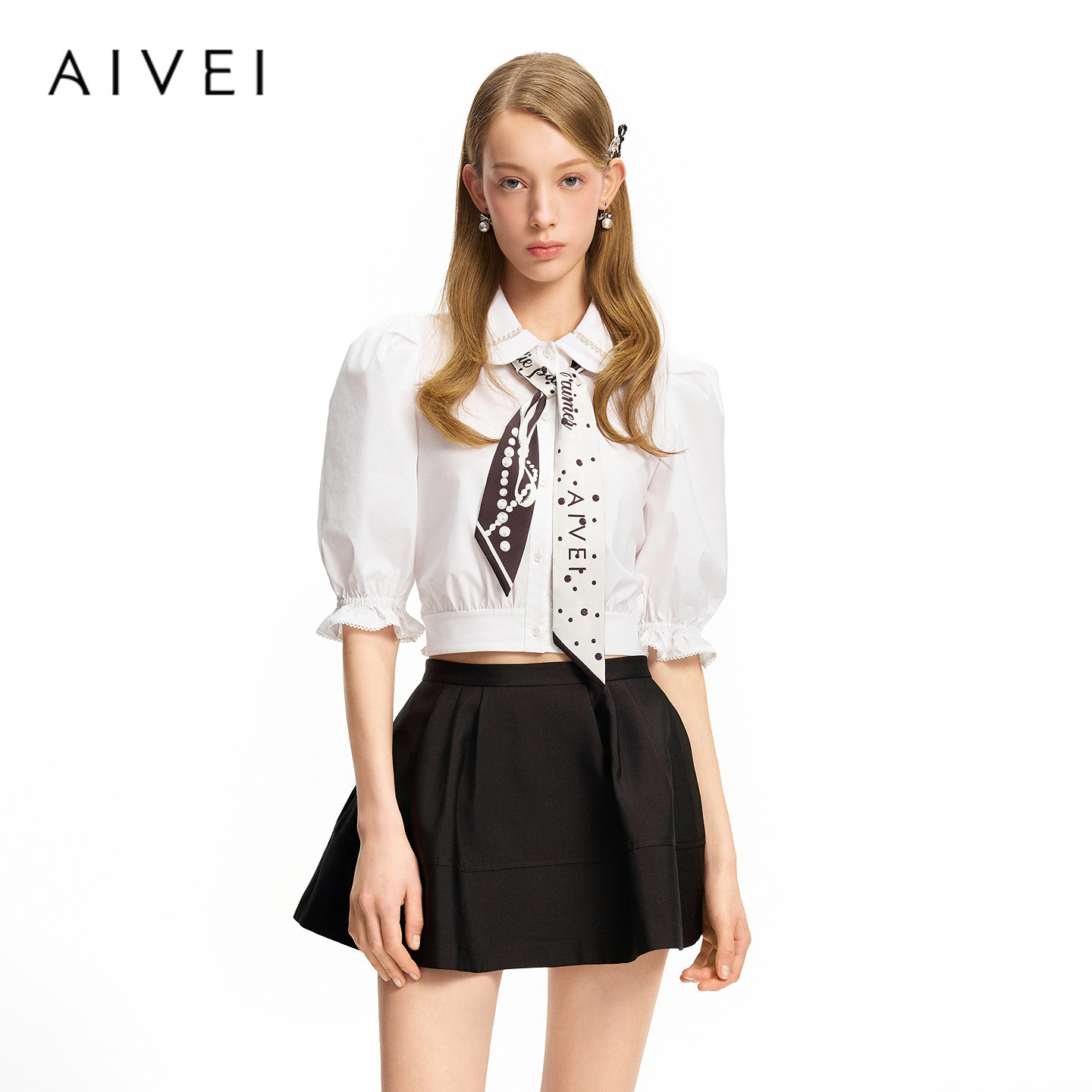 AIVEI欣贺艾薇2026早秋新少女清新甜美娃娃领白色短衬衫XSV4C01B