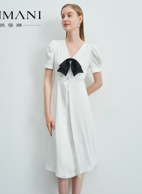 ANMANI恩曼琳22春夏优雅蝴蝶结V领收腰白色短袖连衣裙女EANCAA93