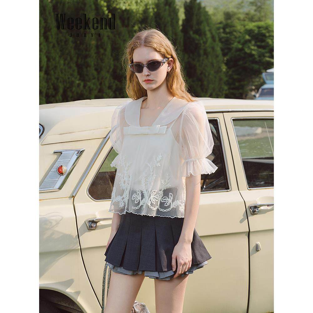 卓雅周末25夏季新款娃娃领蝴蝶结立体绣花泡泡袖蕾丝衫XRW2S14A