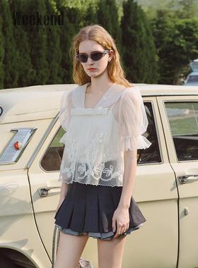 卓雅周末25夏季新款娃娃领蝴蝶结立体绣花泡泡袖蕾丝衫XRW2S14A