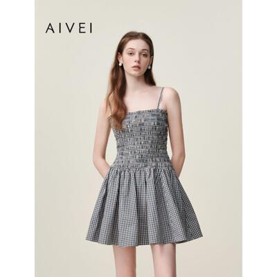 AIVEI欣贺艾薇2026夏季新少女甜美减龄格纹吊带连衣裙XSV3L11C