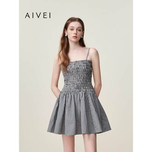 AIVEI欣贺艾薇2026夏季新少女甜美减龄格纹吊带连衣裙XSV3L11C