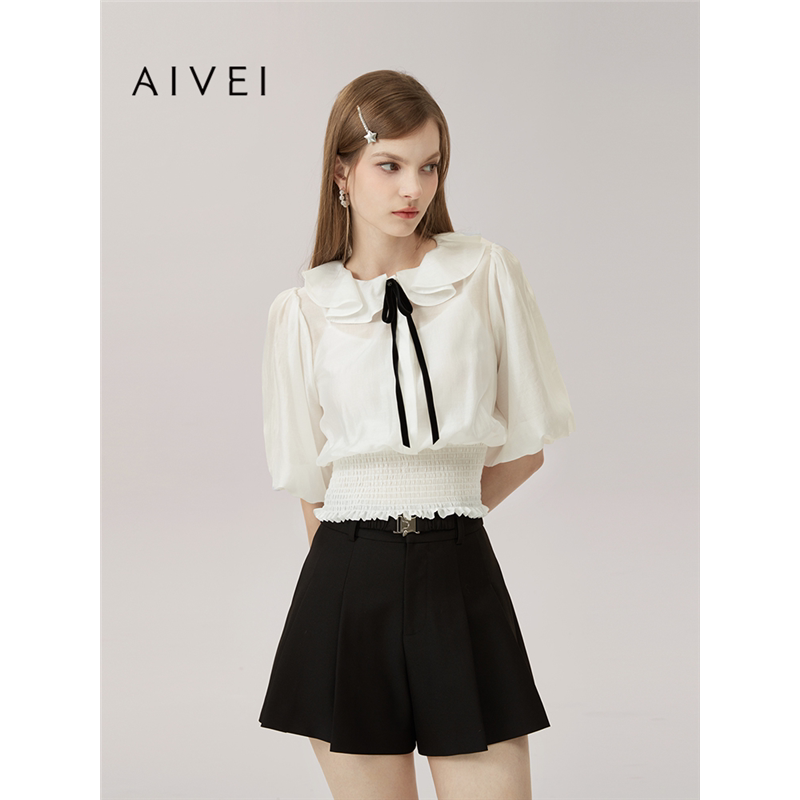 AIVEI欣贺艾薇 商场同款 夏季新淑女荷叶领收腰雪纺衫Q721808A