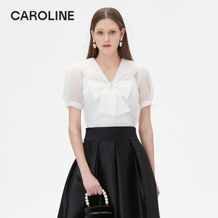 Caroline 商场同款 2024夏季新款泡泡袖大蝴蝶结上衣Q628301C