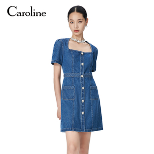 Caroline卡洛琳2024秋季新款复古方领牛仔短袖连衣裙ECRECI02