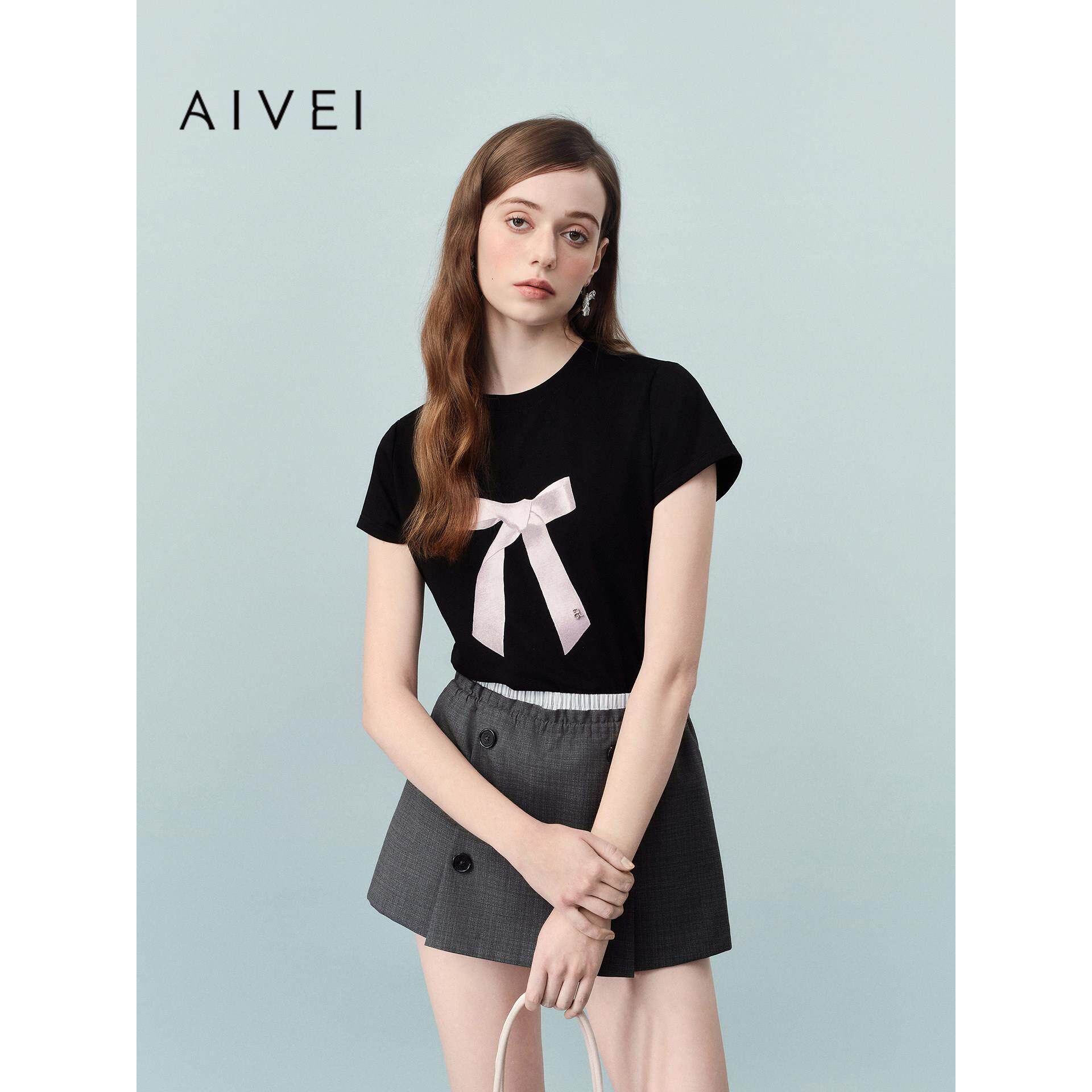 AIVEI欣贺艾薇2026夏季新减龄甜美风蝴蝶结印花短袖T恤XSV3T02B