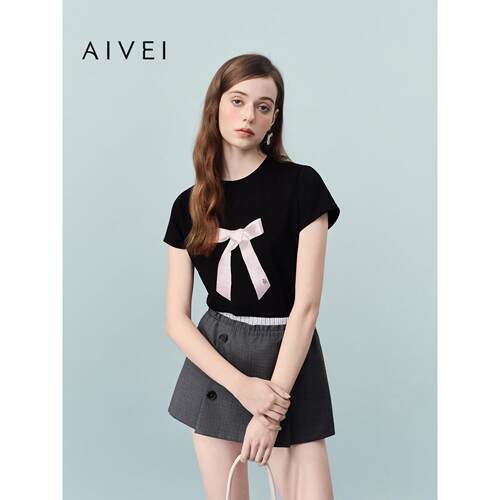 AIVEI欣贺艾薇2026夏季新减龄甜美风蝴蝶结印花短袖T恤XSV3T02B
