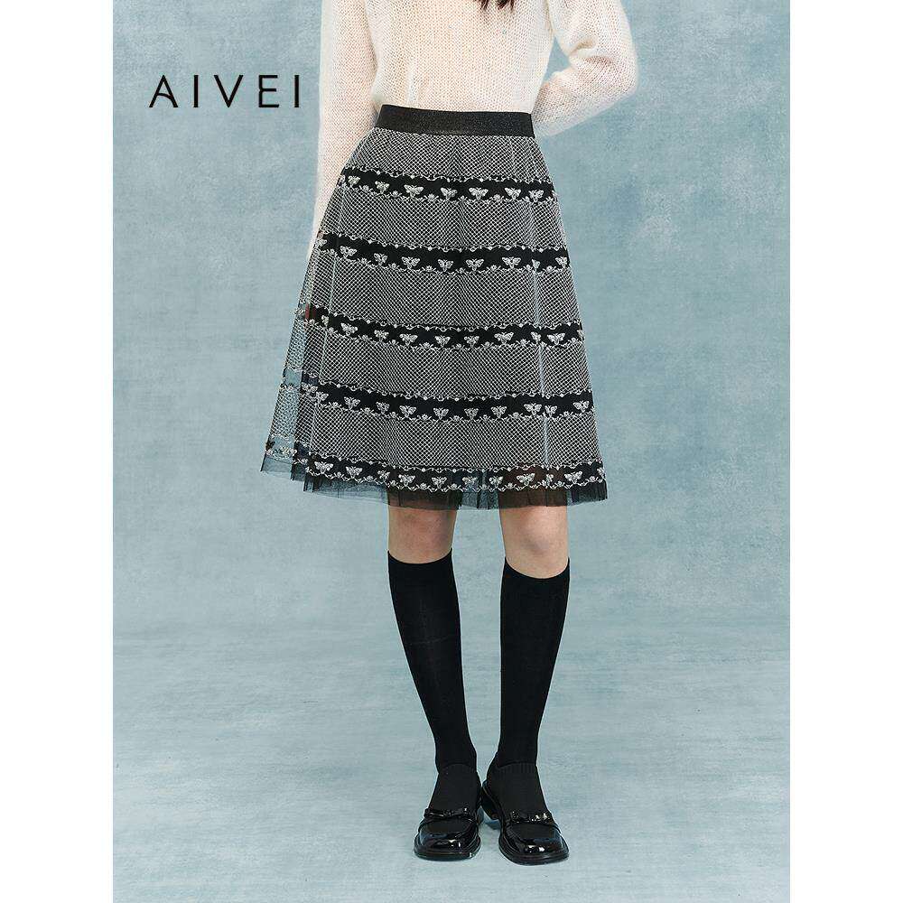 AIVEI欣贺艾薇2025冬季日系古着文艺蕾丝勾花镂空网纱裙XRV7Q22A