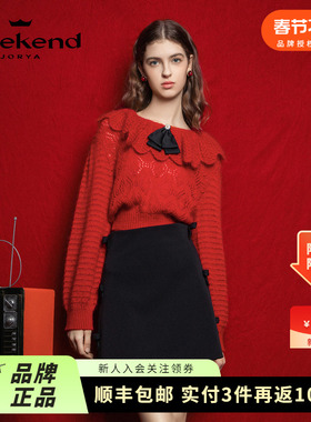 卓雅周末2024春季新款新年红花边娃娃领镂空马海毛针织衫EAF13