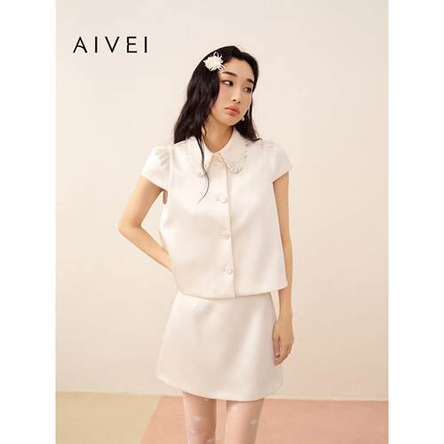 AIVEI欣贺艾薇2026早秋新淑女风气质亮片双层领短袖外套XSV5S03B