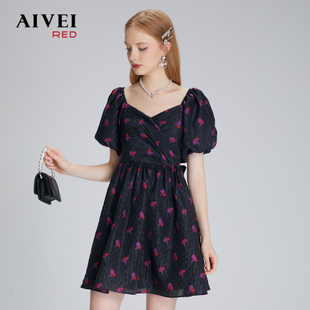 AIVEI欣贺艾薇2022夏季新复古收腰蝴蝶结系带刺绣连衣裙P0360154