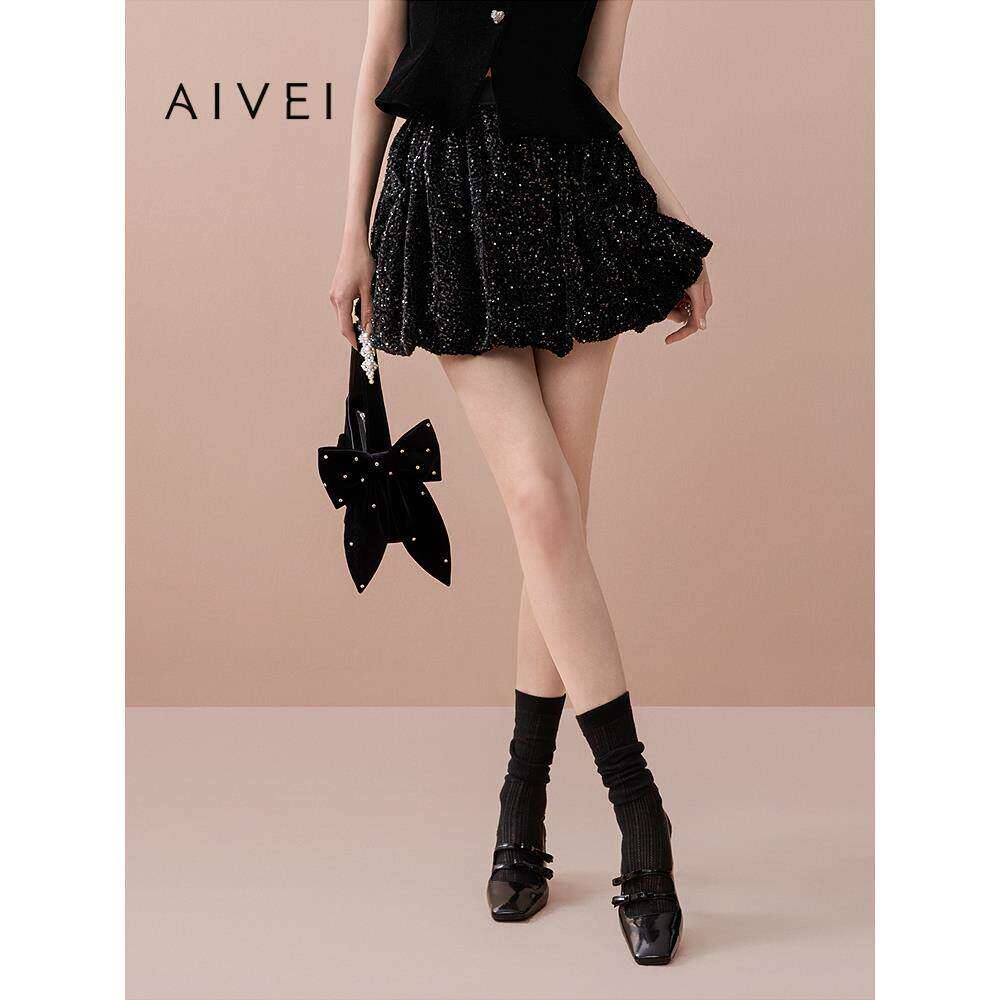AIVEI欣贺艾薇2025秋季新名媛气质松紧腰亮片灯笼短裙XRV5Q06A