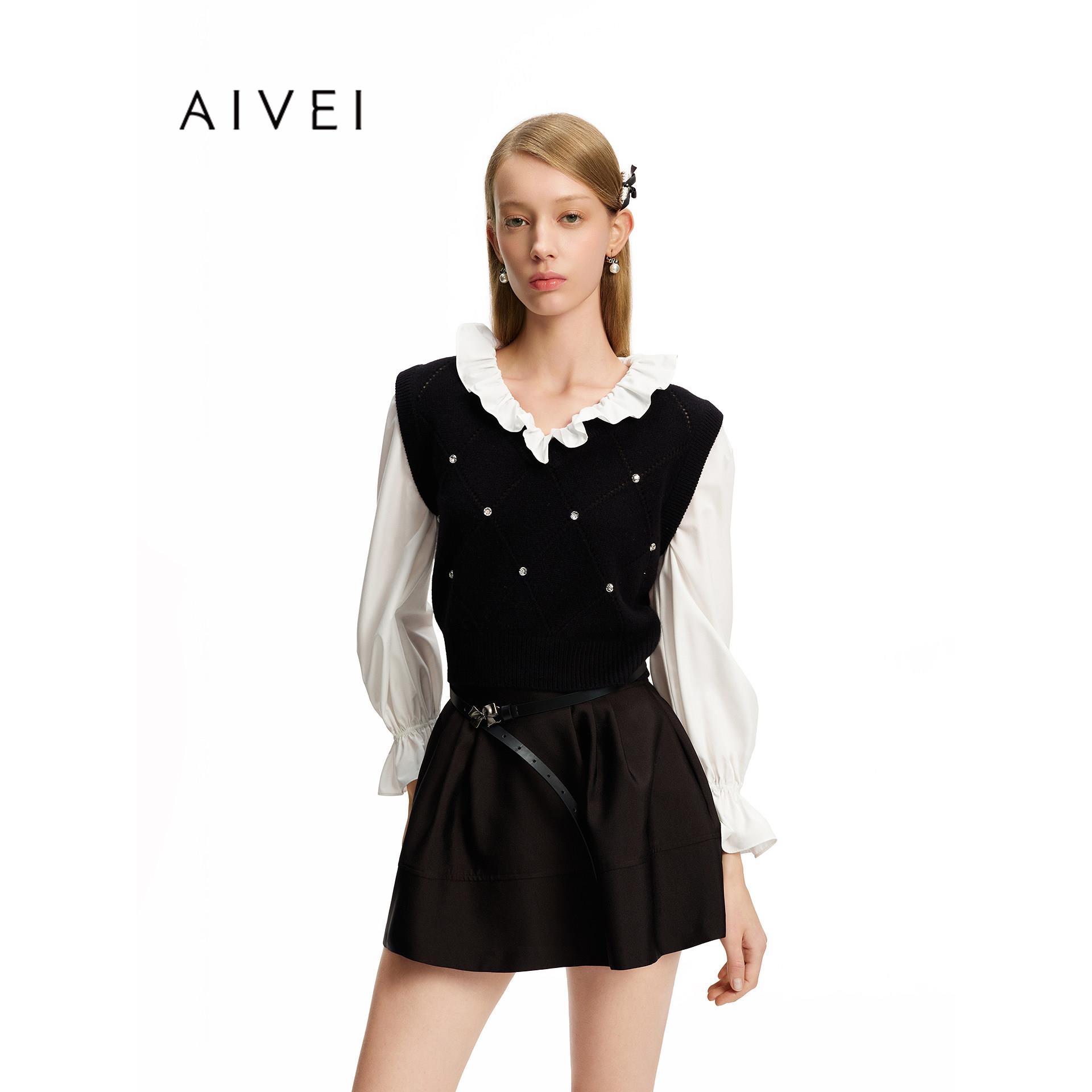 AIVEI欣贺艾薇2026秋季新浪漫千金风假两件水钻针织上衣ESV5M10B