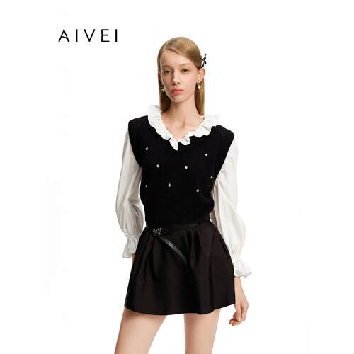 AIVEI欣贺艾薇2026秋季新浪漫千金风假两件水钻针织上衣ESV5M10B
