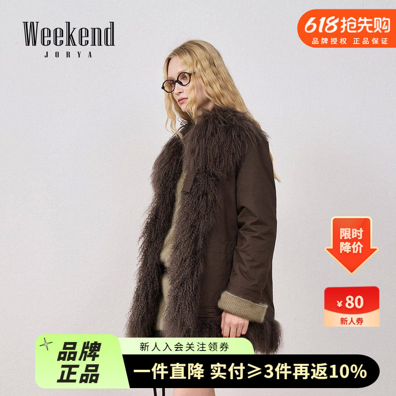 卓雅周末25冬新款都市游牧风复古羊毛皮草拼接中长派克服XRW6P02B