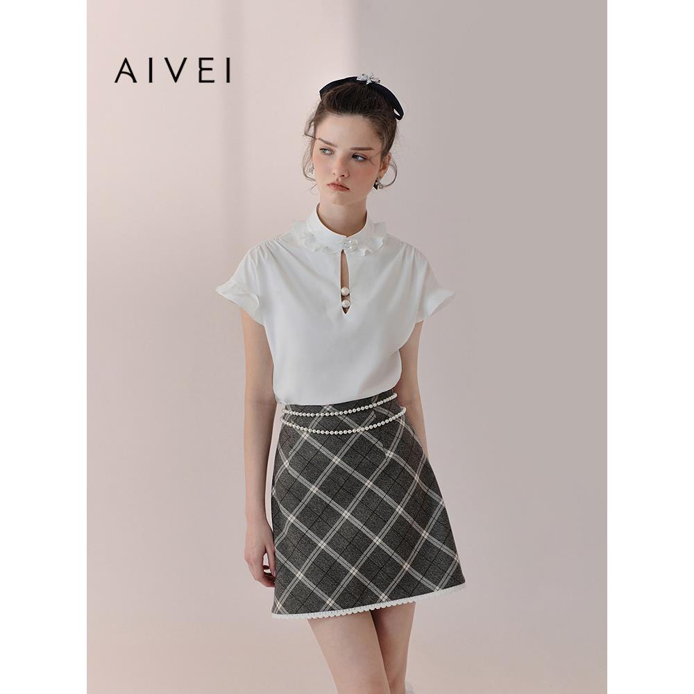 AIVEI欣贺艾薇2026春夏新少女清新气质钉珠荷叶袖白衬衫XSV1C12B