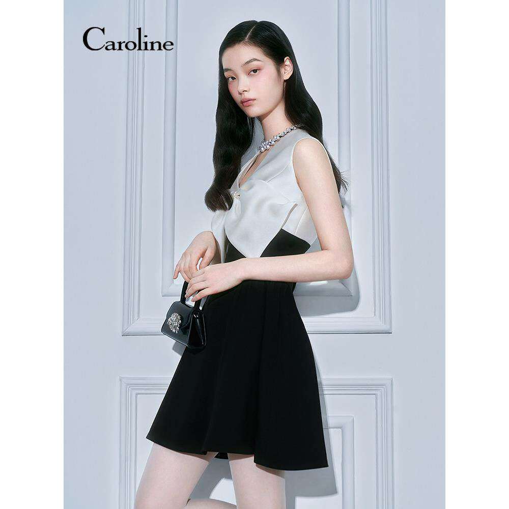 Caroline卡洛琳2026春季新款V领无袖蝴蝶结礼服连衣裙ESC1L05A