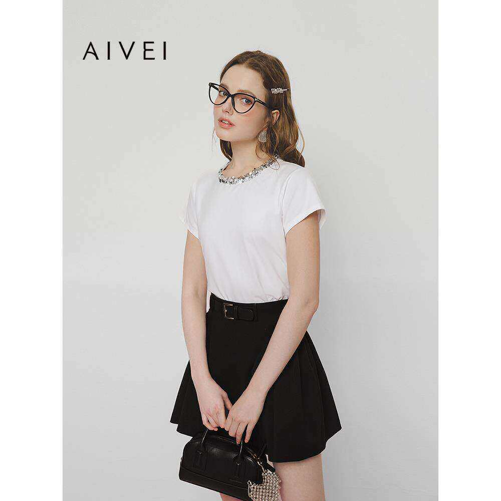 AIVEI欣贺艾薇2025春夏简约气质感亮片圆领正肩短袖T恤S710403B