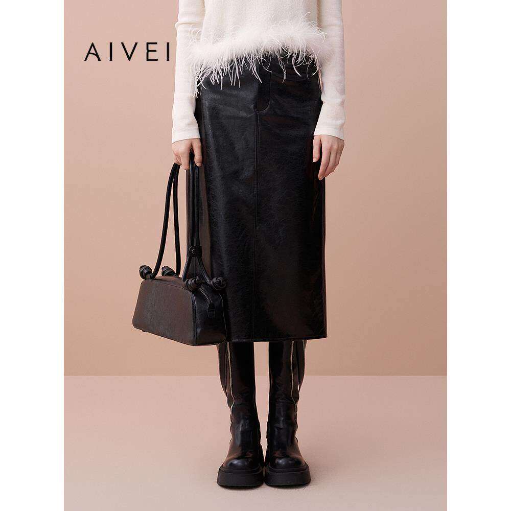 AIVEI欣贺艾薇2025秋季时髦大女主过膝中长裙PU直筒皮裙XRV5Q30A