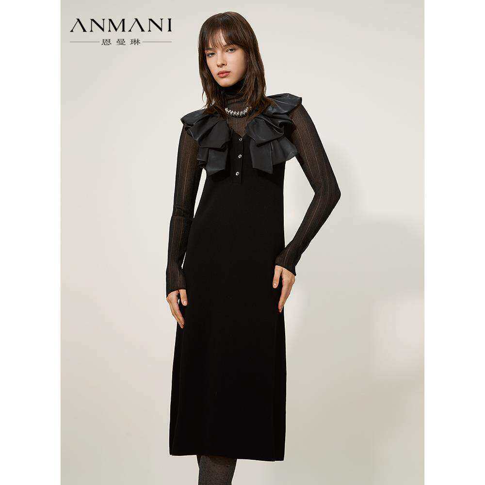 ANNMEL恩曼琳25秋新款优雅荷叶边V领双层压褶针织连衣裙ERA7Z01A