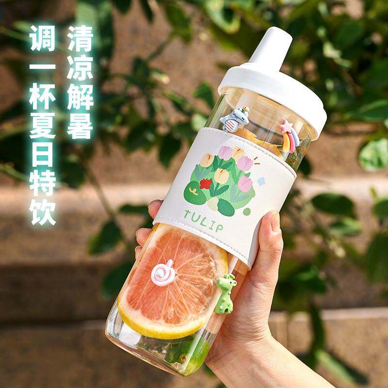 玻璃牛奶杯微波炉可加热豆浆杯家用便携外带密封粗吸管喝粥的杯子图片